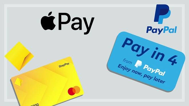 cba steppay paypal pay in four and apple pay logos